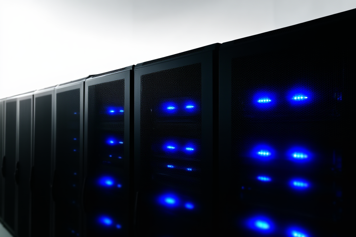 高容量データ処理を表す青色のLEDライトで照らされたサーバーラック
