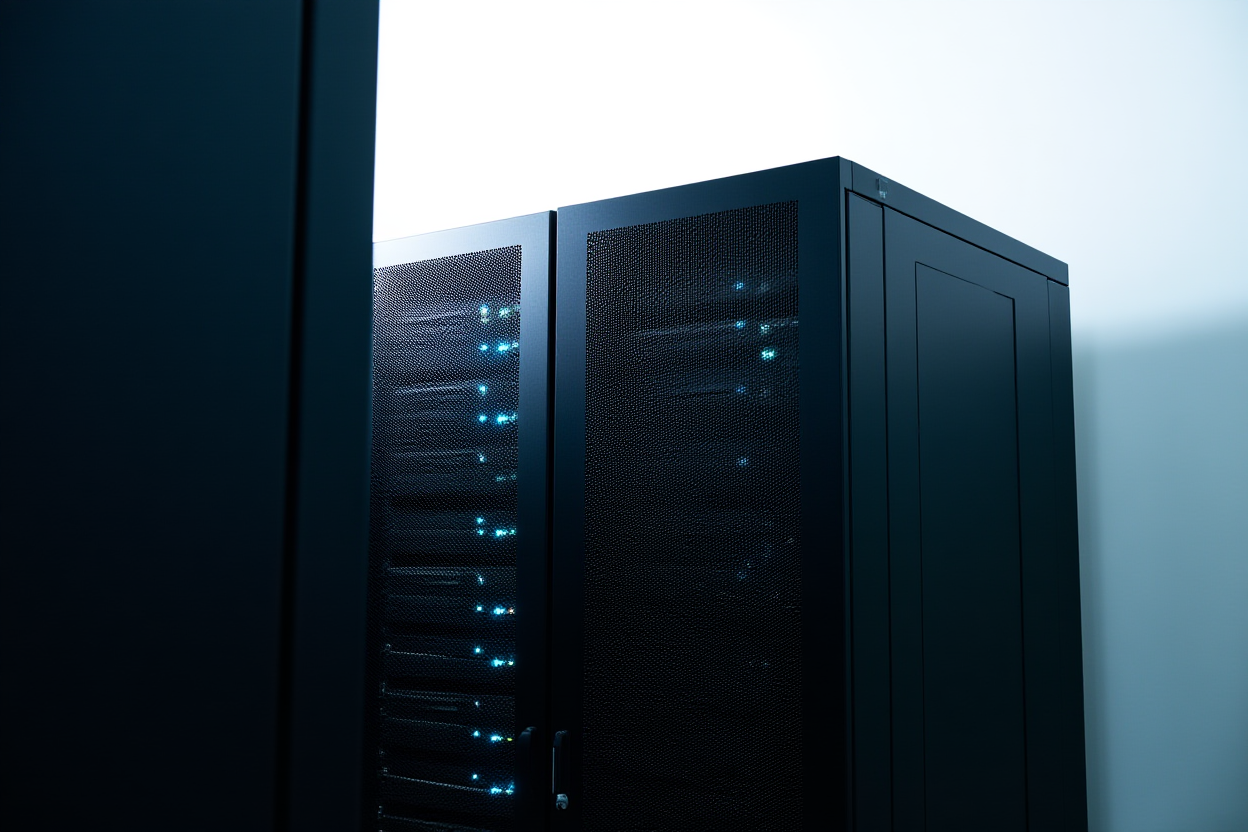 rak server dengan lampu berkedip yang menunjukkan pemrosesan data