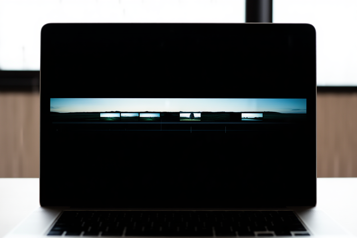 Pantalla de una computadora mostrando un cronograma de edición de video con múltiples clips en cámara lenta dispuestos secuencialmente, conjunto limpio de escritorio