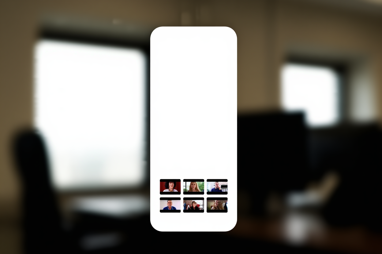 Un smartphone mostrando una cuadrícula de miniaturas de video en pantalla con fondo de oficina borroso, composición limpia