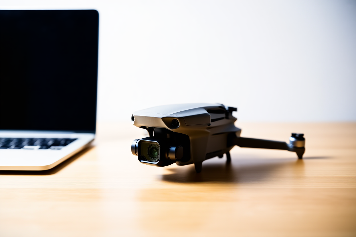 Un dron de cámara sobre una mesa de madera ligera junto a un laptop, luz del día suave, disparo panorámico amplio