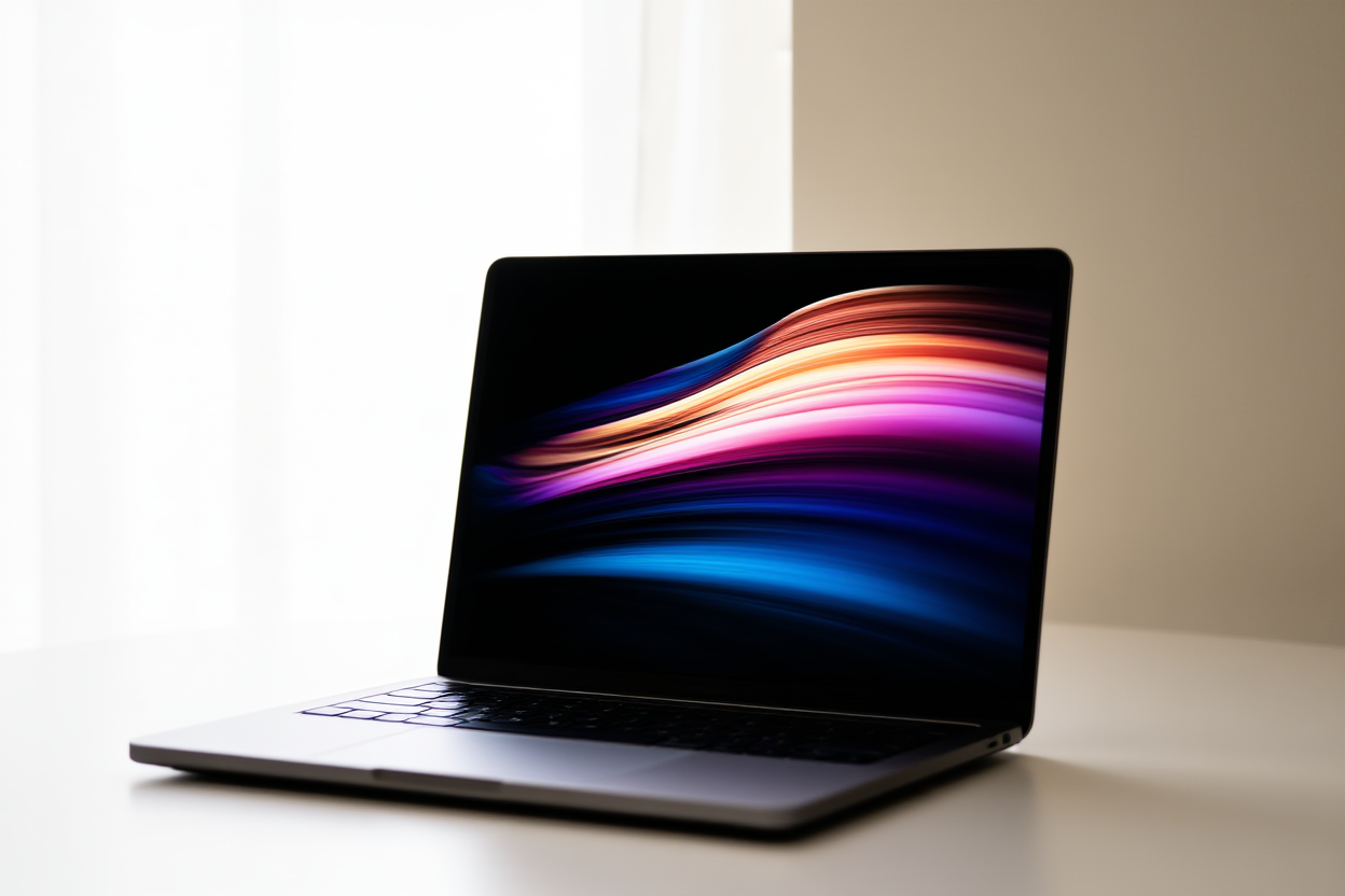 un portátil elegante mostrando gráficos de animación abstracta fluidos en la pantalla, luz natural suave, disparo panorámico ancho