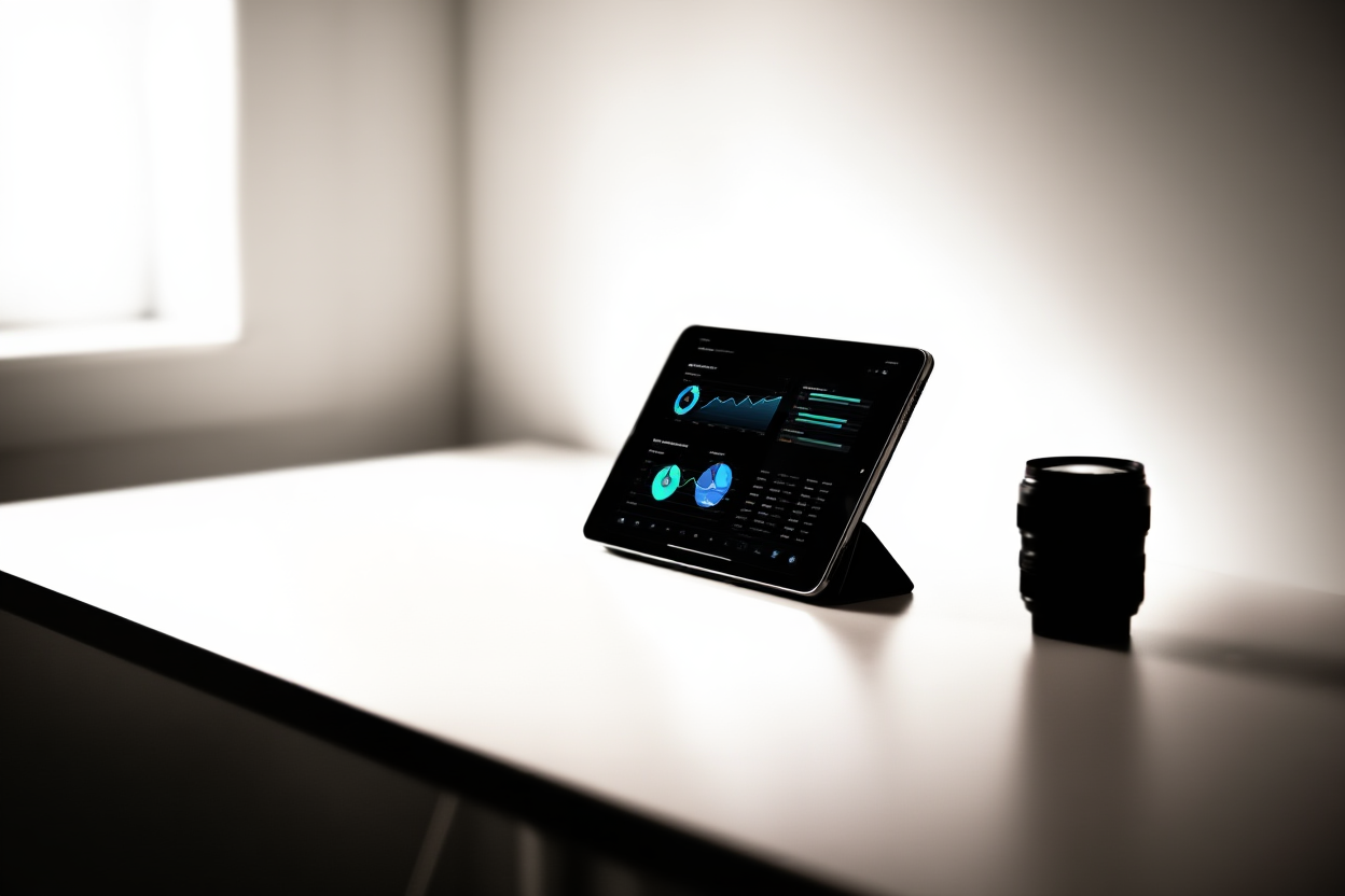 escritorio de espacio de trabajo moderno con una tableta mostrando gráficos de palabras clave junto a un objetivo fotográfico, luz del día suave