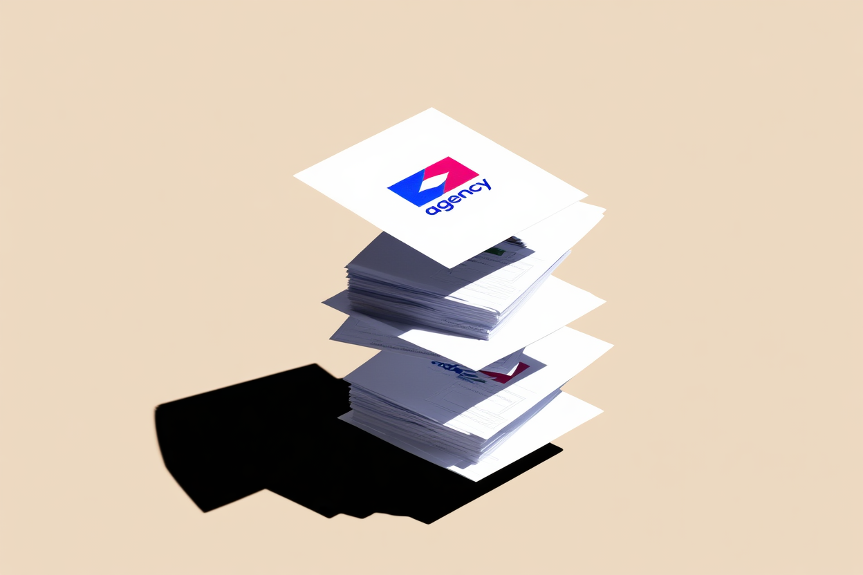 pila de logotipos de agencias flotando sobre un documento digital con campos de metadatos llenos, composición limpia