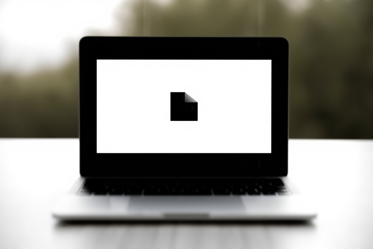 laptop minimalis yang menampilkan antarmuka seni AI dengan bentuk geometris sederhana di layar, meja bersih, cahaya alami lembut