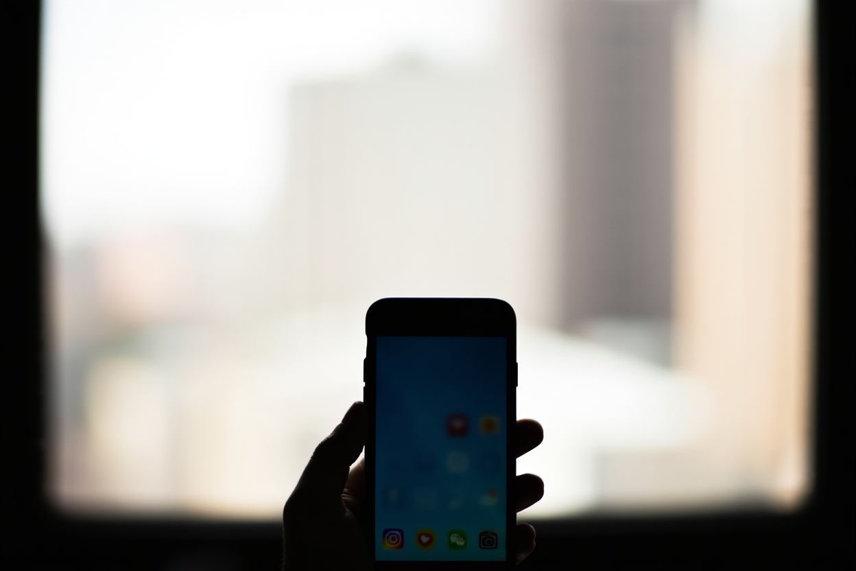 tangan memegang smartphone yang menampilkan beberapa ikon aplikasi media sosial dan agensi, latar belakang kota buram, cahaya siang lembut