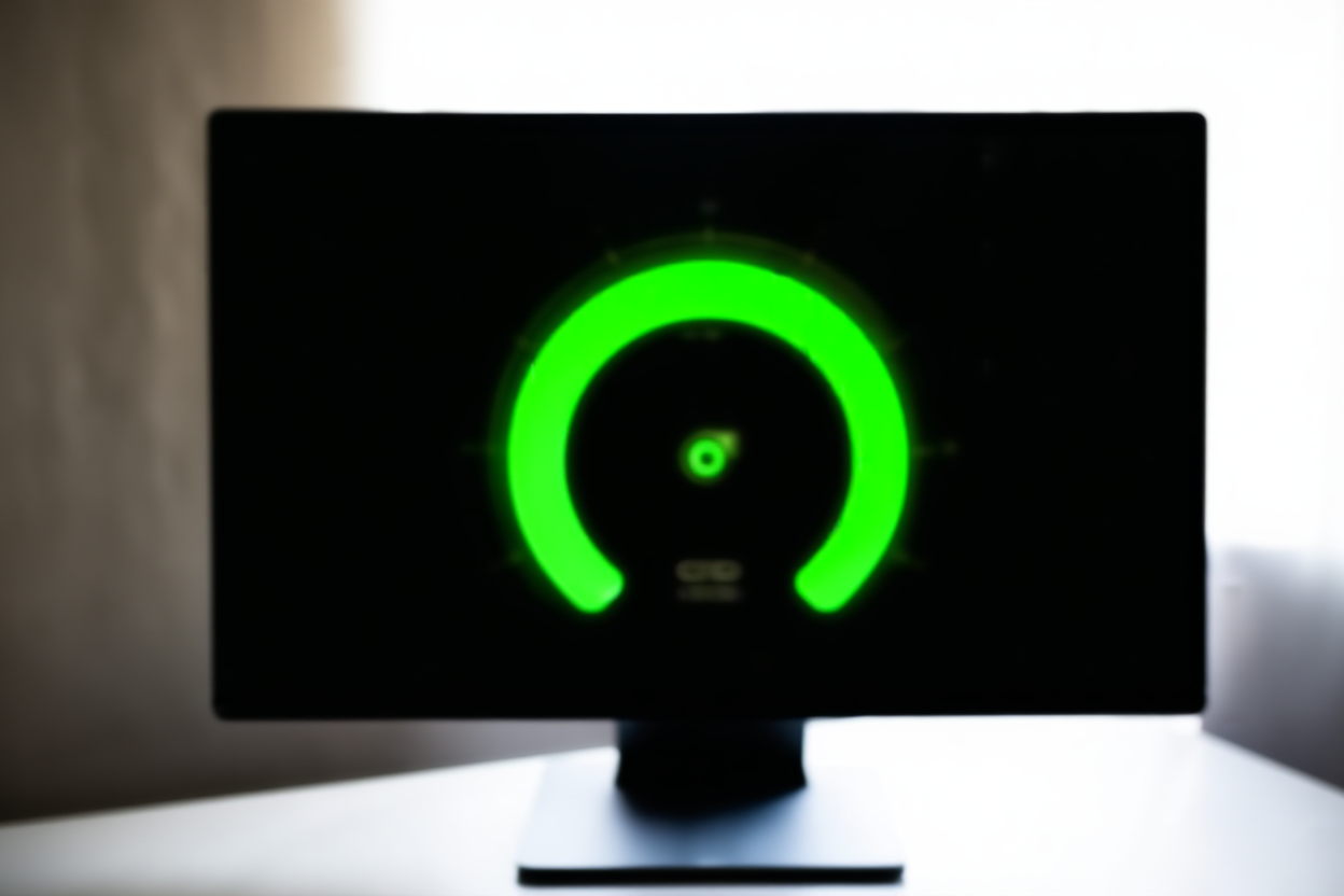 monitor komputer desktop modern yang ramping menampilkan dasbor dengan gauge skor hijau besar, pengaturan kantor, lanskap lebar