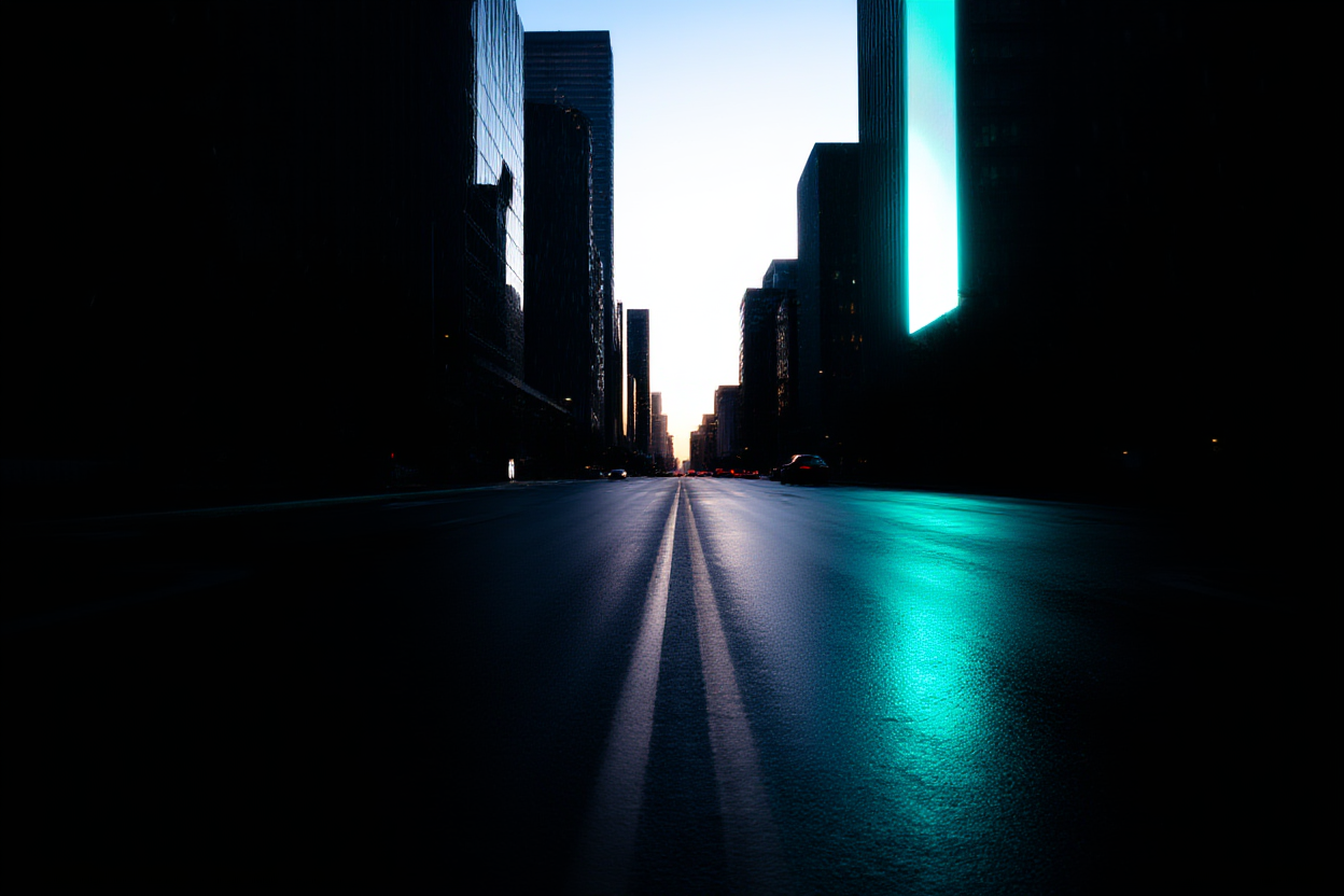 a neon-lit futuristic city street at night with rain reflections, soft natural light, wide landscape shot