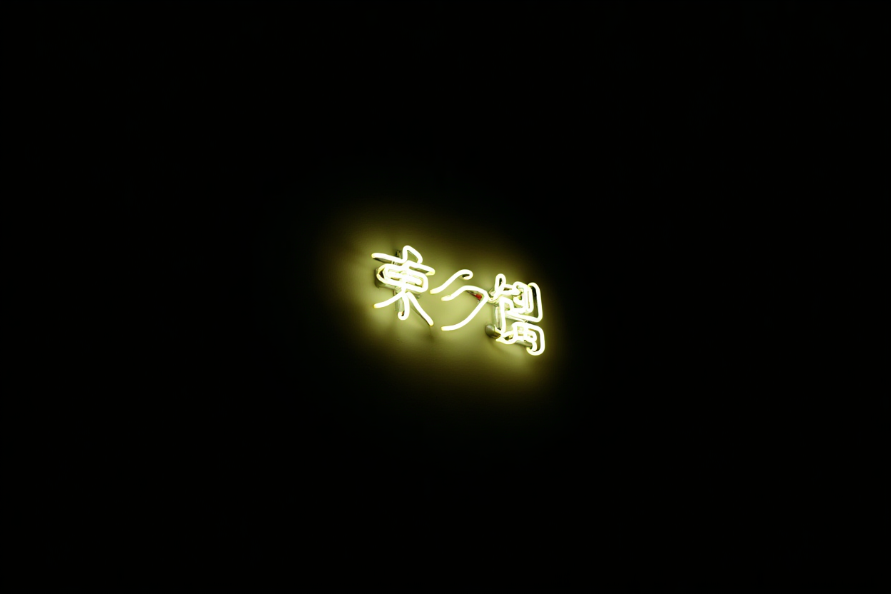 a close-up of a glowing neon sign with Japanese characters on a dark background, soft natural light, wide landscape shot