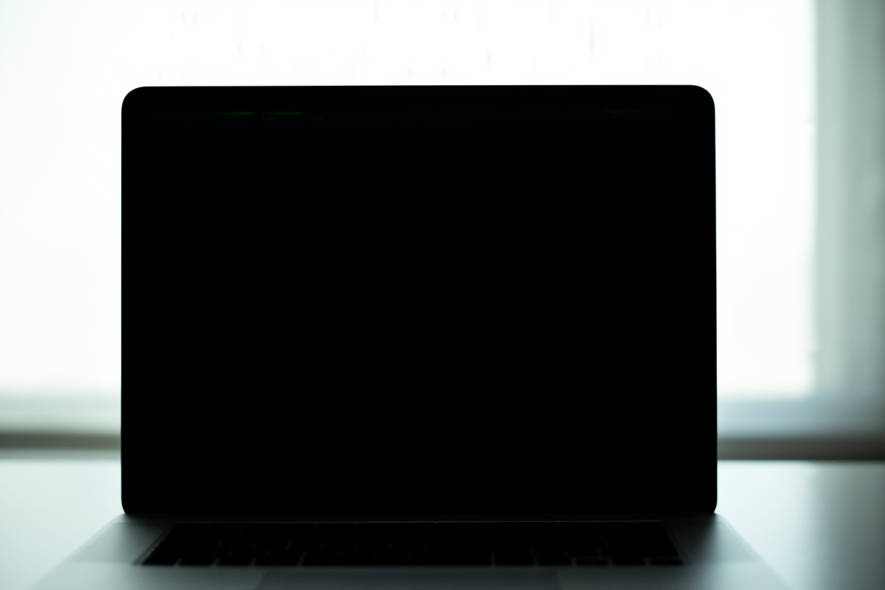 a laptop displaying a video editing timeline with neon-colored clips, soft natural light, wide landscape shot
