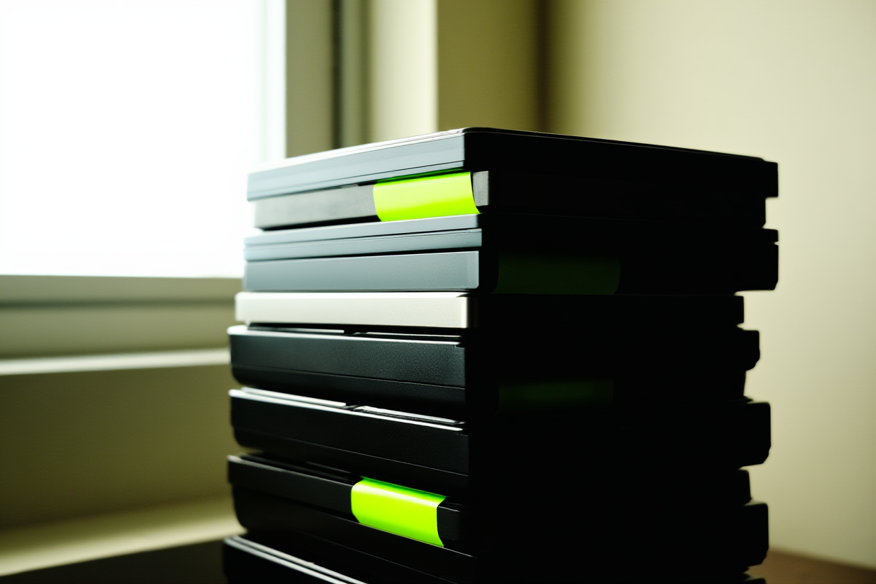 a stack of hard drives labeled with neon stickers representing large video archives, soft natural light, wide landscape 