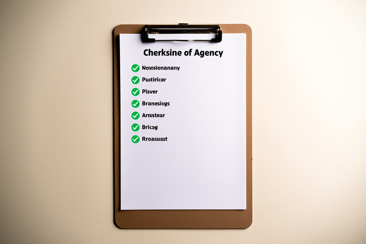 eine Checkliste auf einem Clipboard mit grünen Häkchen neben Agenturnamen, weiches natürliches Licht, breites Landschaftsfoto
