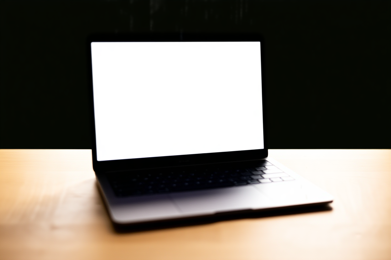 ein moderner Laptop-Computer, geöffnet mit einem leeren Dokument, bereit zum Tippen von Schlüsselwörtern auf einem Holztisch