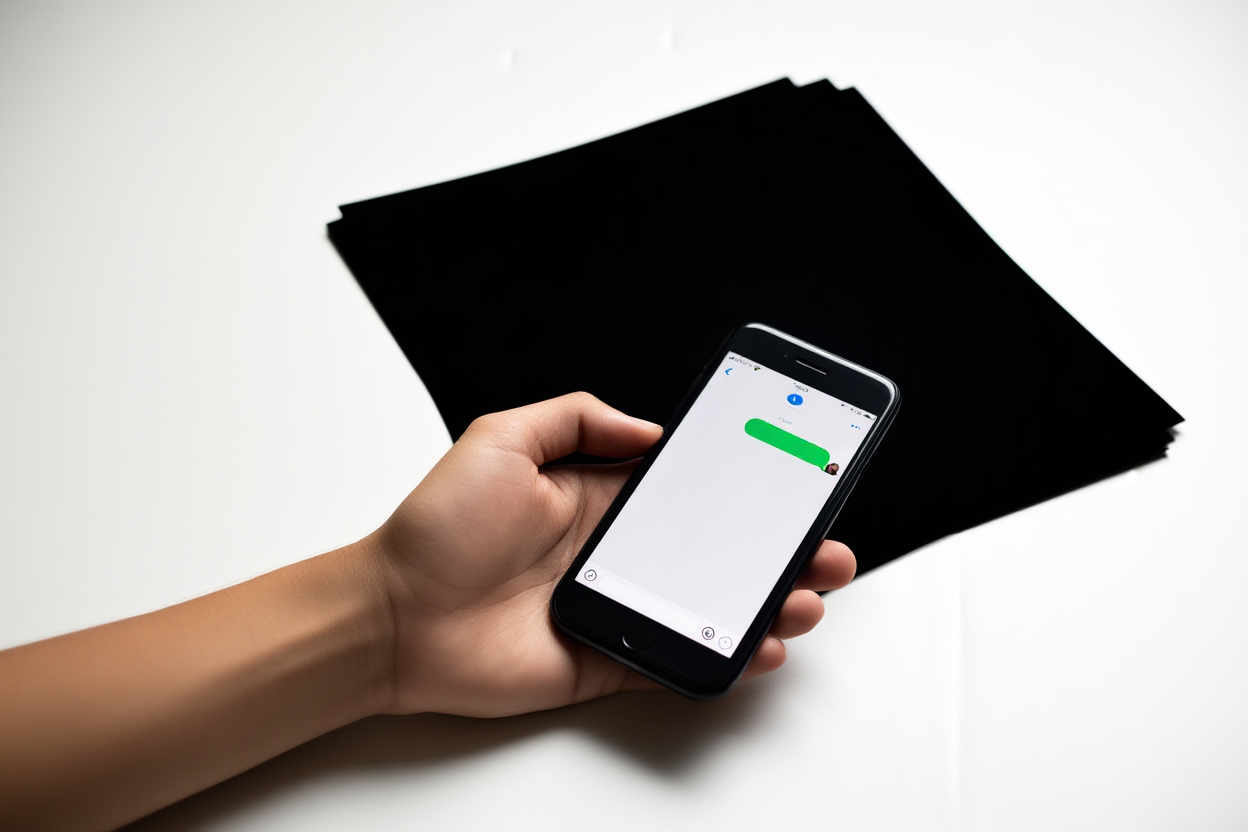 eine Hand, die ein Smartphone hält, das eine Chat-Schnittstellenblase neben einem Stapel gedruckter Fotos zeigt