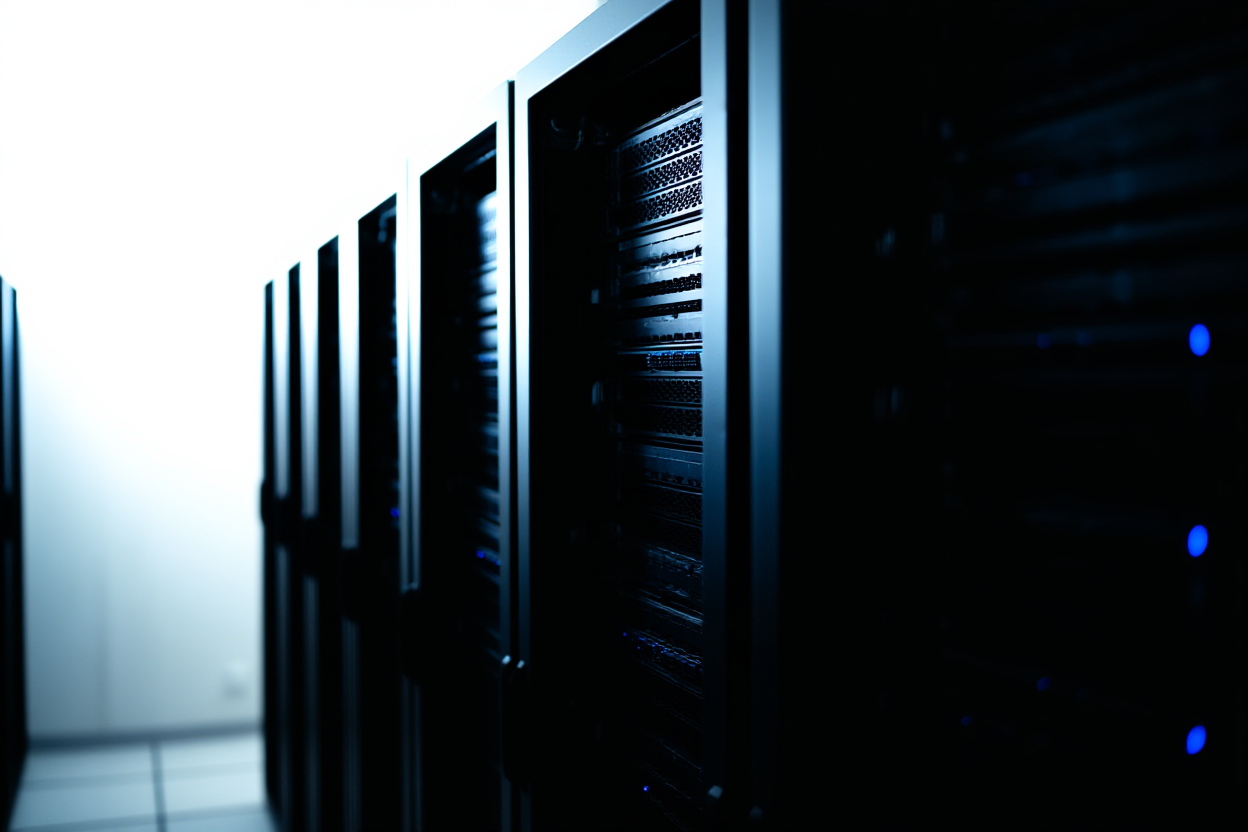 ein Server-Rack mit blinkenden blauen Lichtern, das automatisierte Cloud-Verarbeitung darstellt