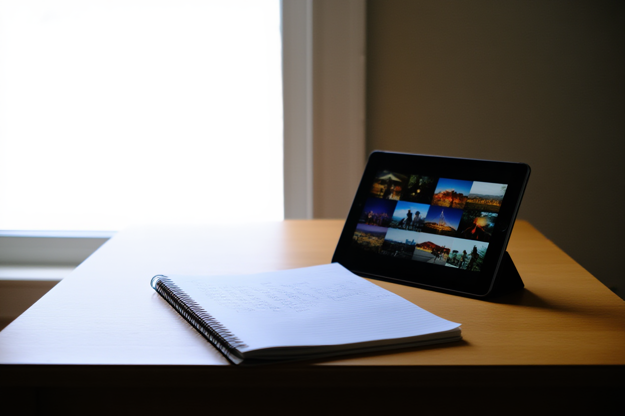 buku catatan dengan kata kunci tulisan tangan di sebelah tablet yang menampilkan thumbnail foto stock, cahaya alami, bidikan lanskap lebar