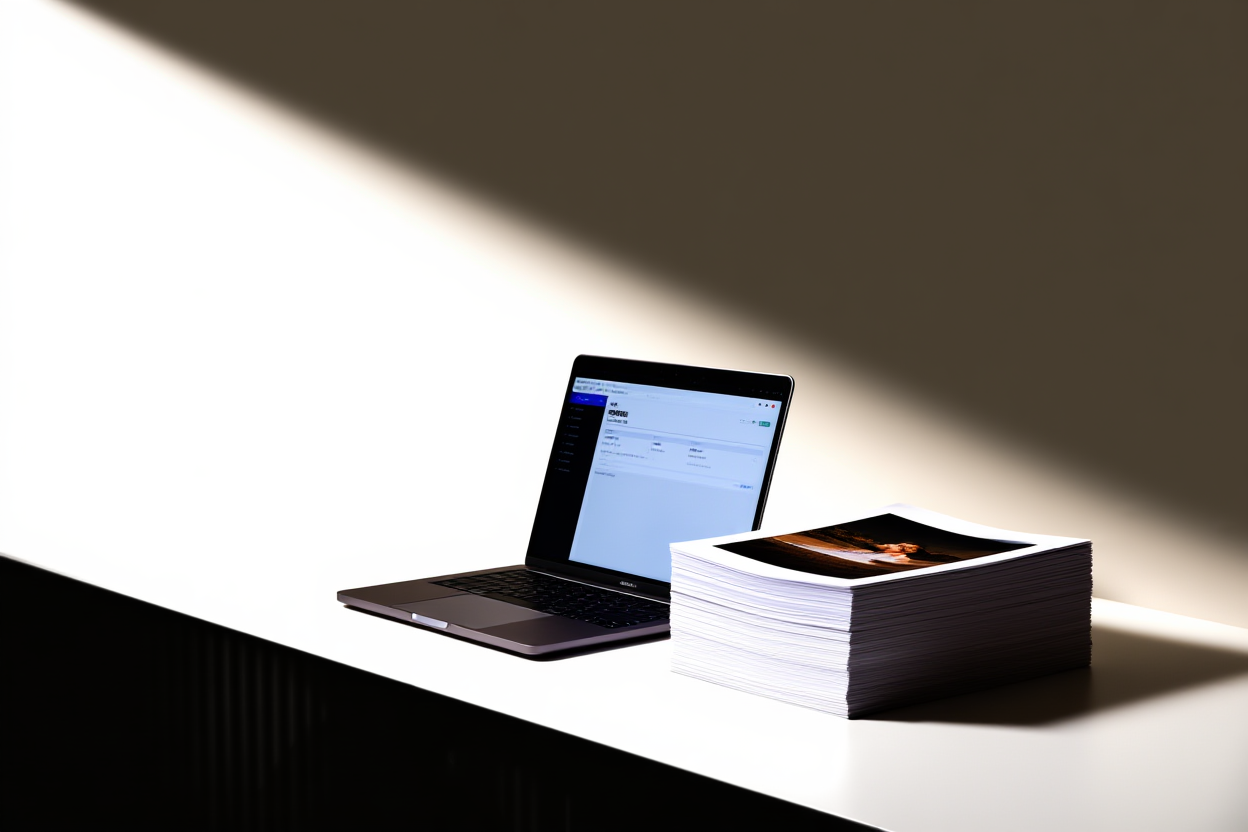 a professional photographer reviewing keyword analytics on a laptop screen with a stack of printed photo proofs nearby