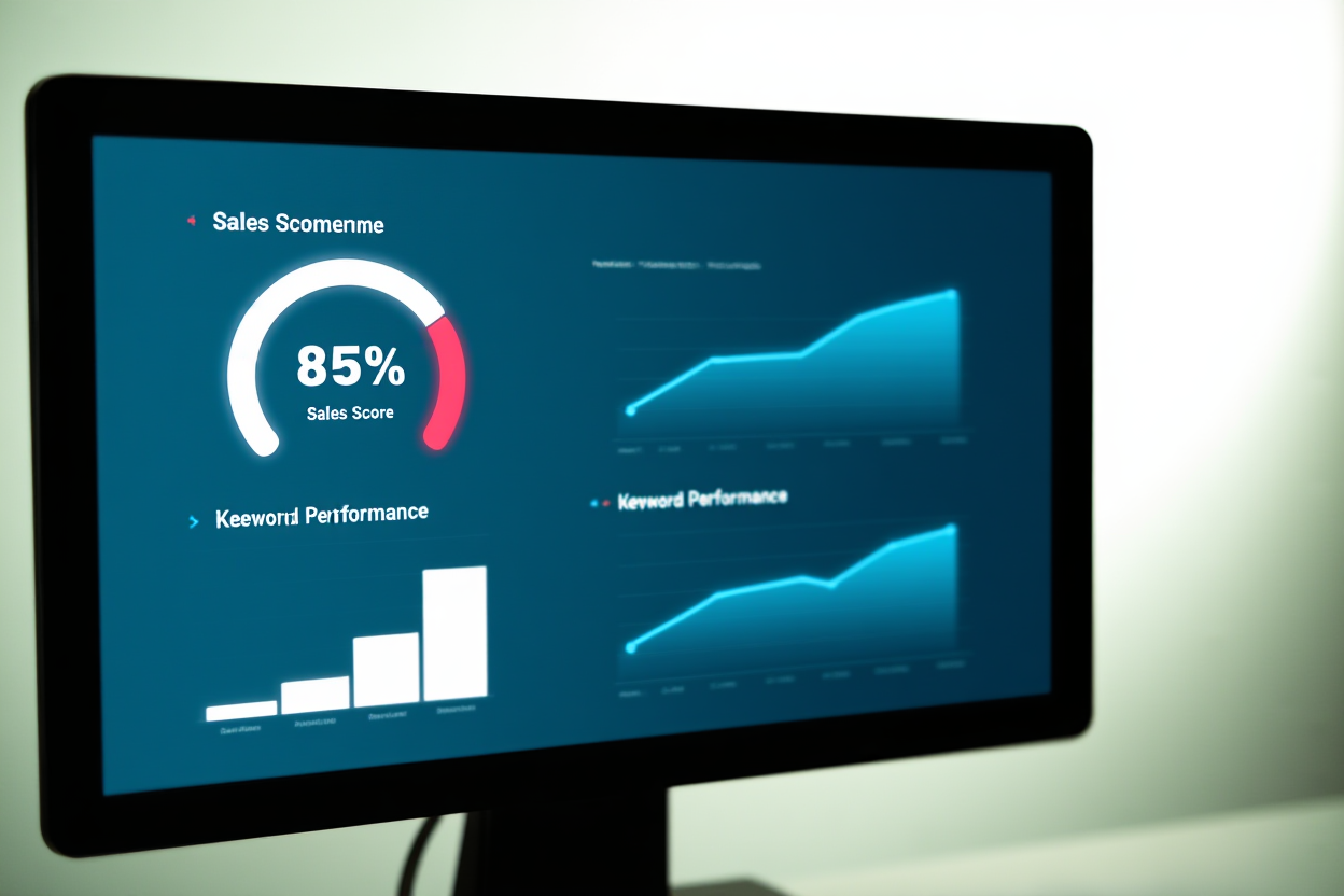 a digital dashboard displaying a sales score gauge and keyword performance charts on a monitor