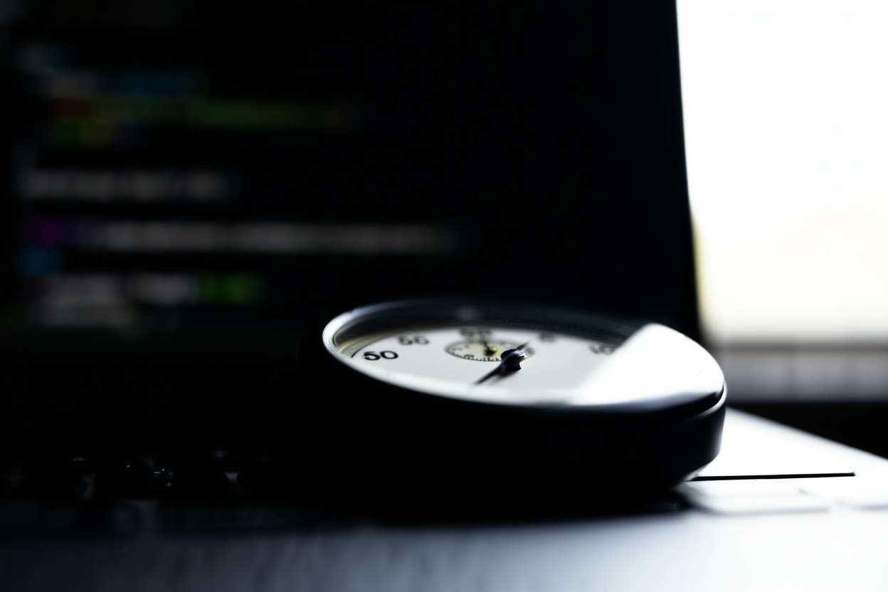 a sleek stopwatch resting on a keyboard with blurred background of code lines