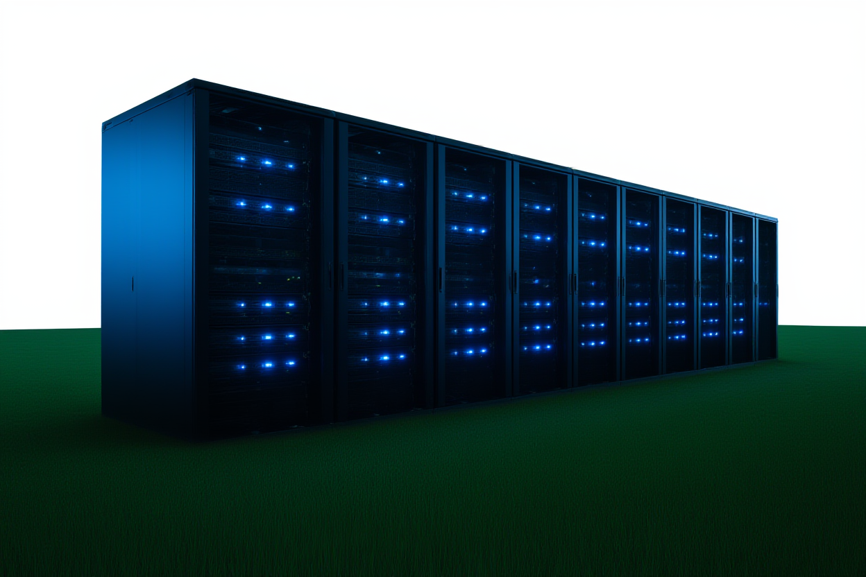 a server rack with glowing blue lights representing high-speed data processing