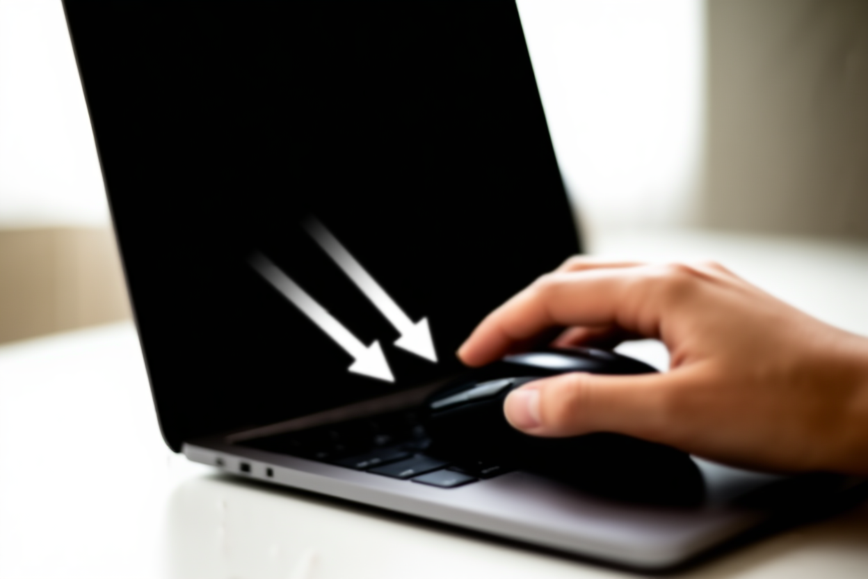 a hand clicking a mouse on a laptop with migration arrows graphic overlay