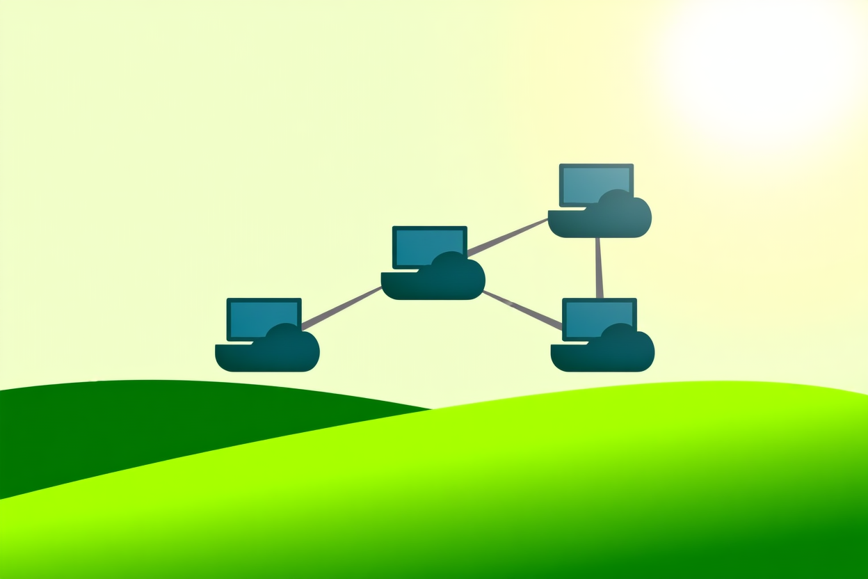a network diagram showing files flowing automatically from a computer to multiple cloud server icons