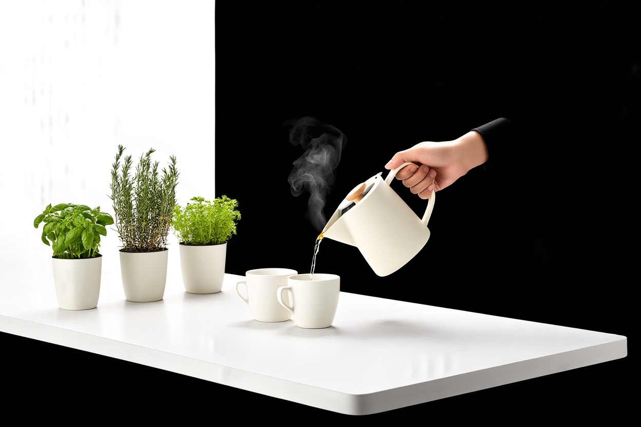 新鮮なハーブに囲まれ、陶器のコーヒーポットから湯気の立つ液体が白いマグカップ2つに注がれるモダンなキッチンのカウンター。