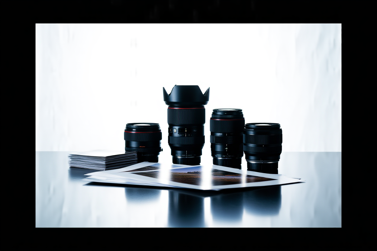 コードスニペットを表示するラップトップの横に、プリントされた写真スタックとカメラレンズが並んだ忙しいオフィスのデスク