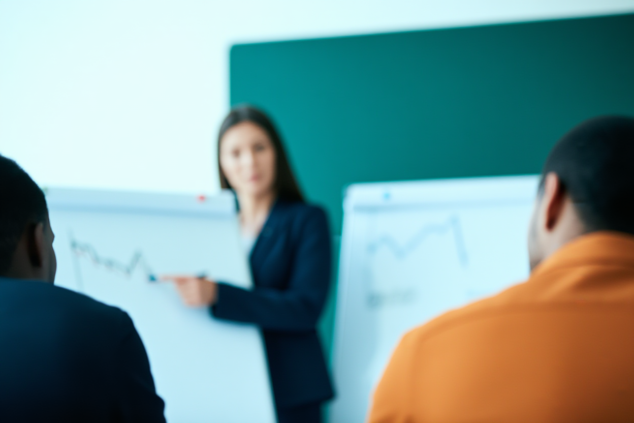 eine professionelle Frau in einem marineblauen Blazer, die auf eine Whiteboard mit Finanzdiagrammen zeigt, die mit Filzstift gezeichnet wurden, während eines der Team mee