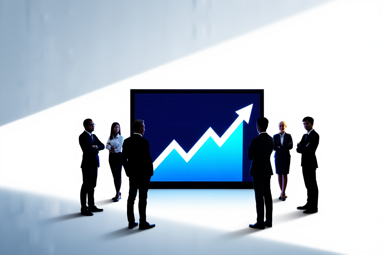 ein vielfältiges Team von Fachleuten, das um einen großen digitalen Bildschirm steht, der nach oben gerichtete Trendgraphen und positive Finanzdaten anzeigt
