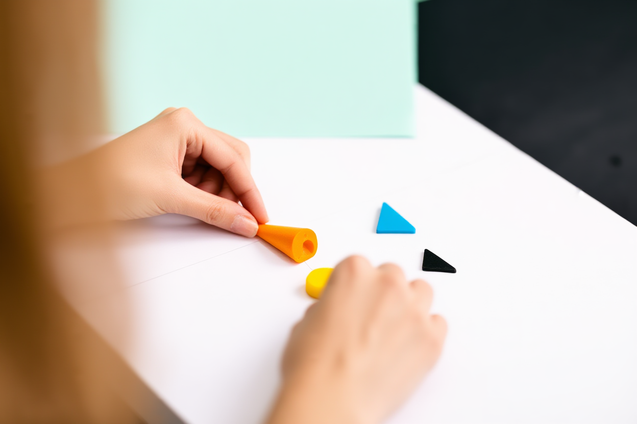 ein Fotograf, der sorgfältig bunte geometrische Formen auf einem Tisch anordnet und dabei Datenpunkte und Finanzkonzepte repräsentiert