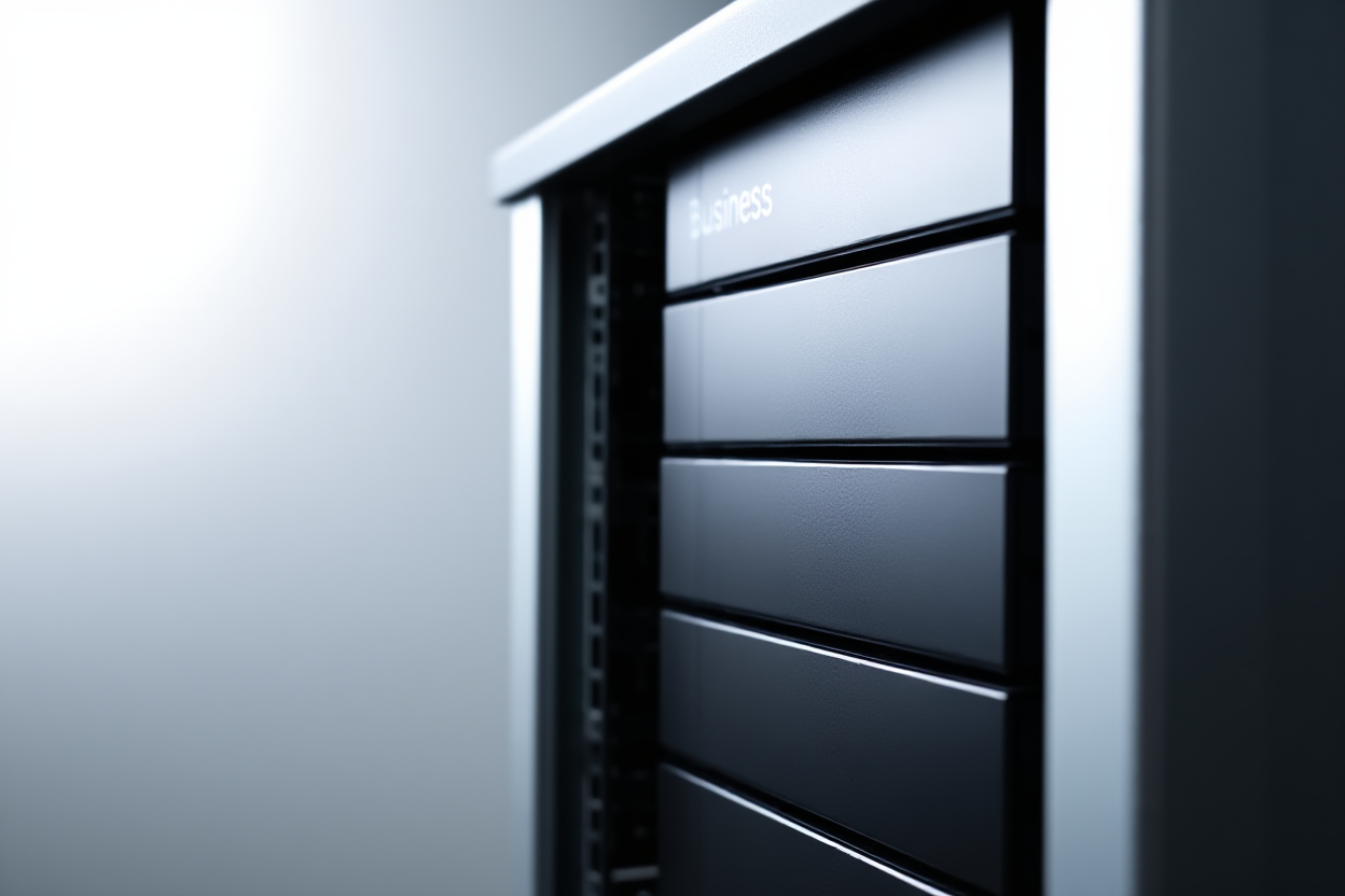 ein Stapel ordentlich organisierter Festplatten, die mit „Business Photos“ beschriftet sind, neben einem modernen Server-Rack in einem sauberen Rechenzentrum