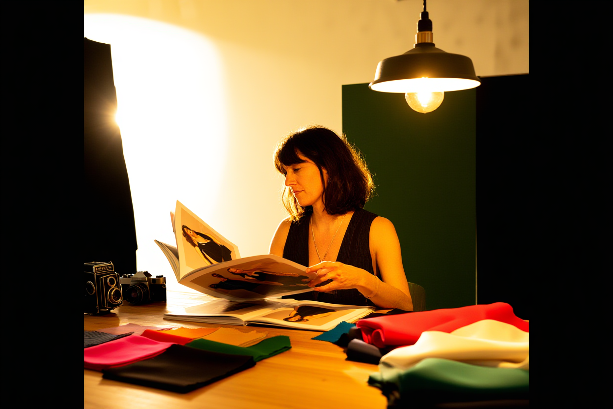 eine Mode-Editorin sitzt an einem Holztisch, umgeben von Stoffmustern und Vintage-Kameras, während sie gedruckte Lookbooks überprüft 