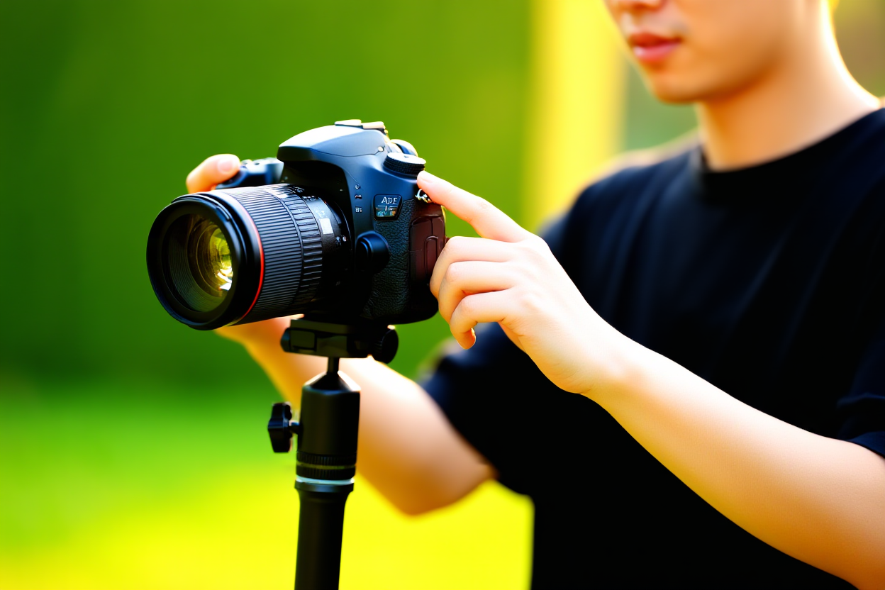 ein Fotograf hält eine professionelle DSLR-Kamera und passt Einstellungen an, während er neben einem Stativ in einem Außenbereich steht 
