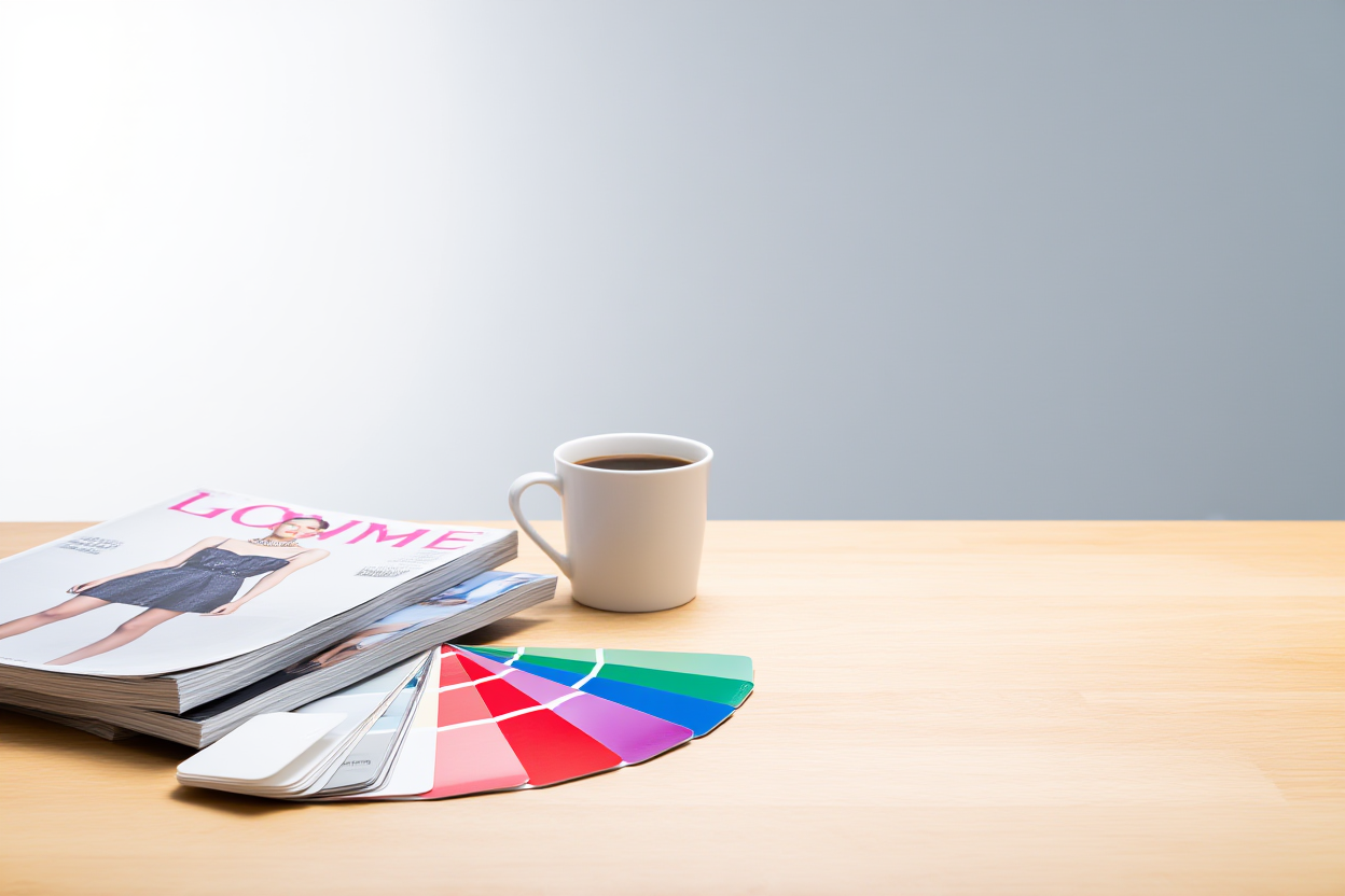 ein ordentlicher Arbeitsplatz mit Stapeln gedruckter Modezeitschriften, einer Tasse Kaffee und einem Tablet, das bunte Farbpaletten anzeigt 