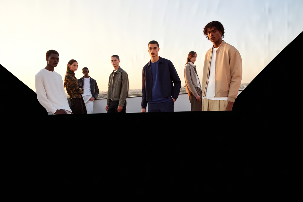 eine Gruppe vielfältiger Mode Models posiert zusammen auf einer Dachterrasse bei Sonnenuntergang und trägt zeitgenössische Urban-Kleidung 