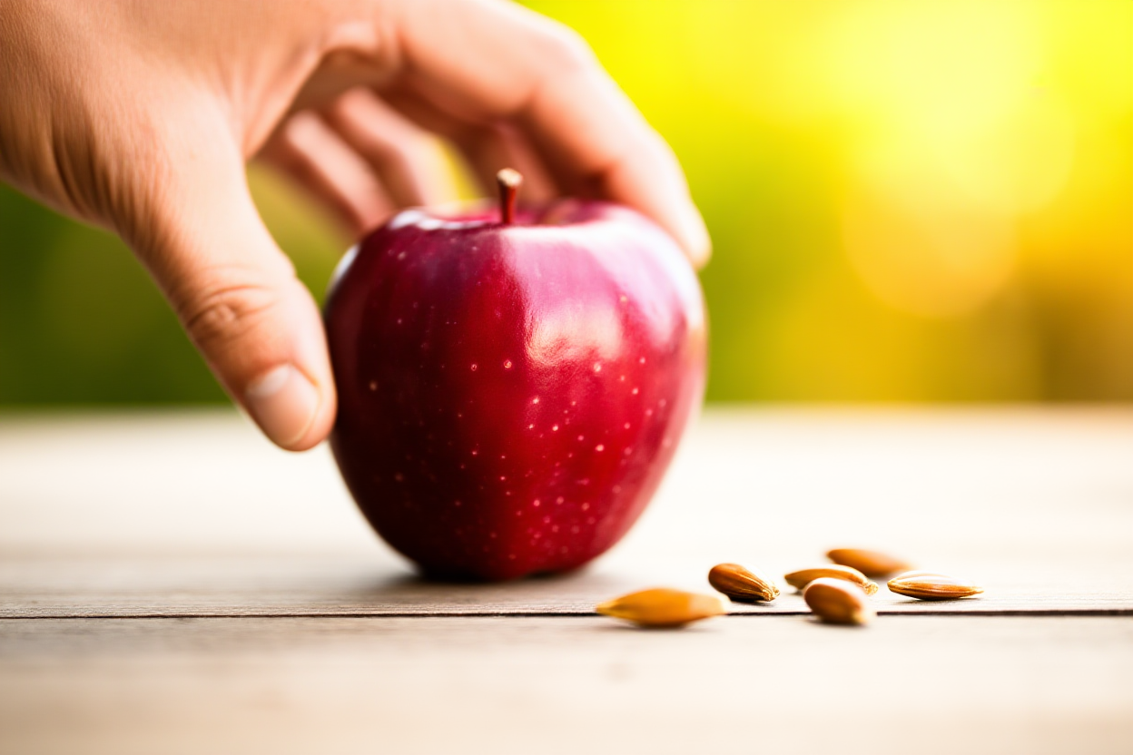 Eine Nahaufnahme einer Hand, die einen einzelnen roten Apfel auf einen rustikalen Holztisch neben verstreuten Samen legt, mit weichem Fokus im Hintergrund