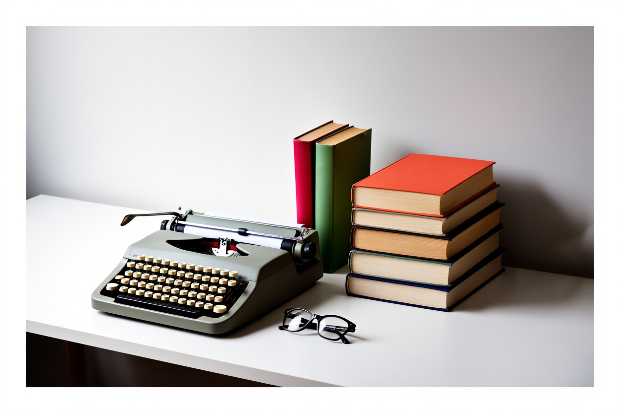 Eine aufgeräumte weiße Schreibtischfläche mit einer Vintage-Schreibmaschine, einem Stapel bunter Bücher und einem Paar Lesebrille arrangiert i