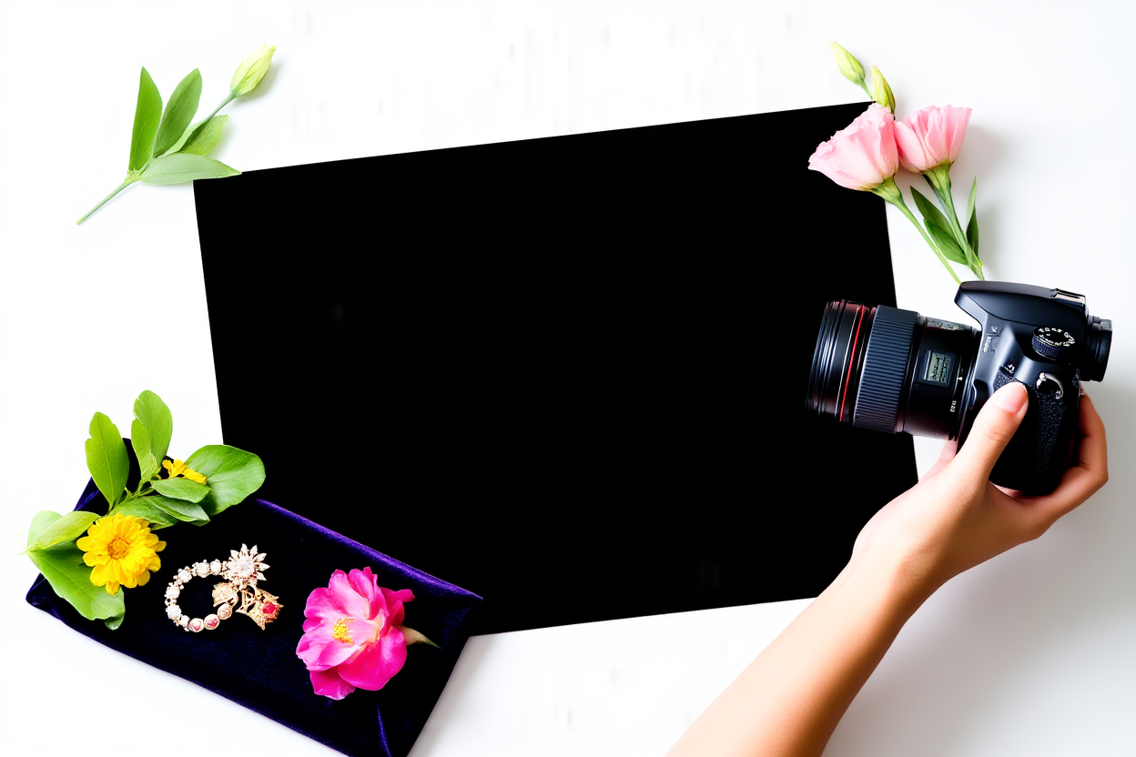 Die Hand eines Fotografen hält eine moderne DSLR-Kamera, die auf eine wunderschön beleuchtete Anordnung aus frischen Blumen und j zeigt