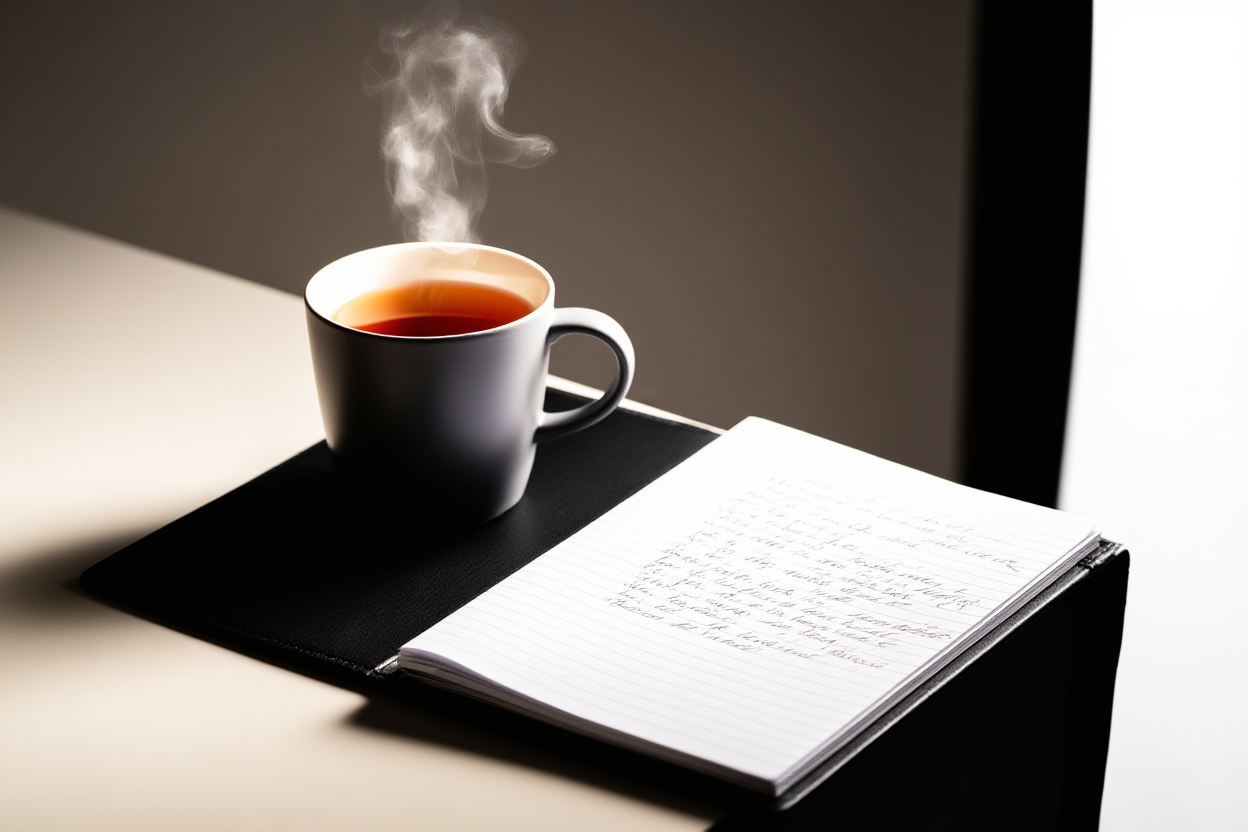Eine Arbeitsecke mit einem schlanken Laptop, einer dampfenden Tasse Tee und einem Notizbuch, das auf einer Seite offen ist, die voller handschriftlicher Anmer\