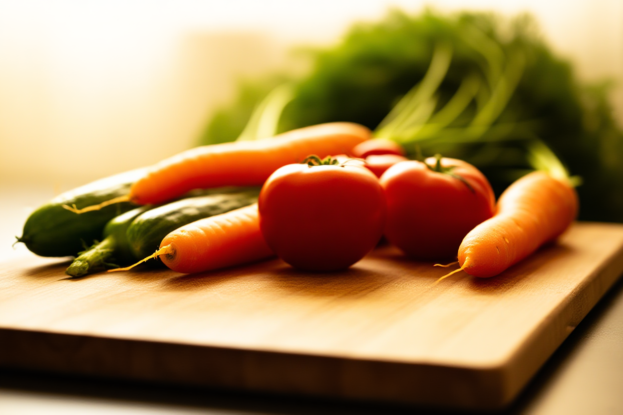 a wooden cutting board filled with vibrant fresh vegetables including carrots, tomatoes, and leafy greens arranged natur