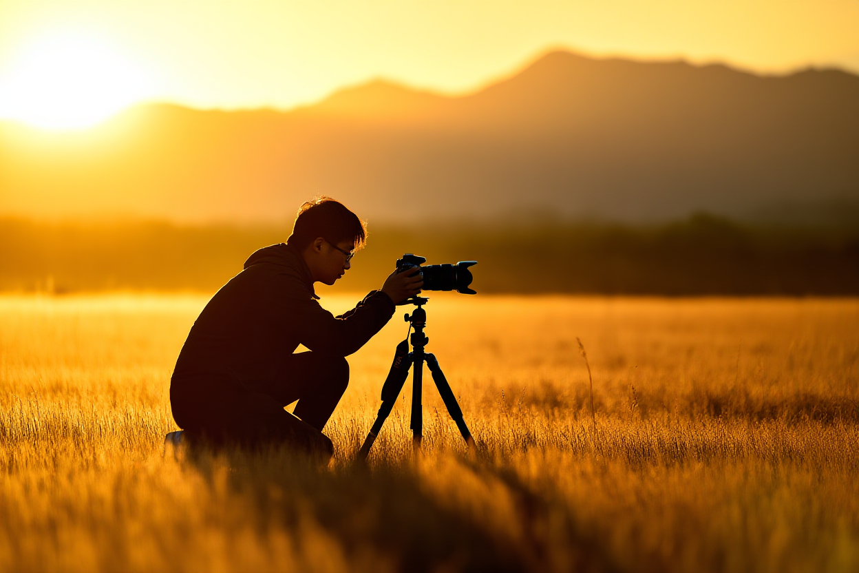 ein Fotograf kniet im hohen goldenen Gras bei Sonnenaufgang und passt eine DSLR auf einem Stativ an, entfernte Berge, warmes Gegenlicht,
