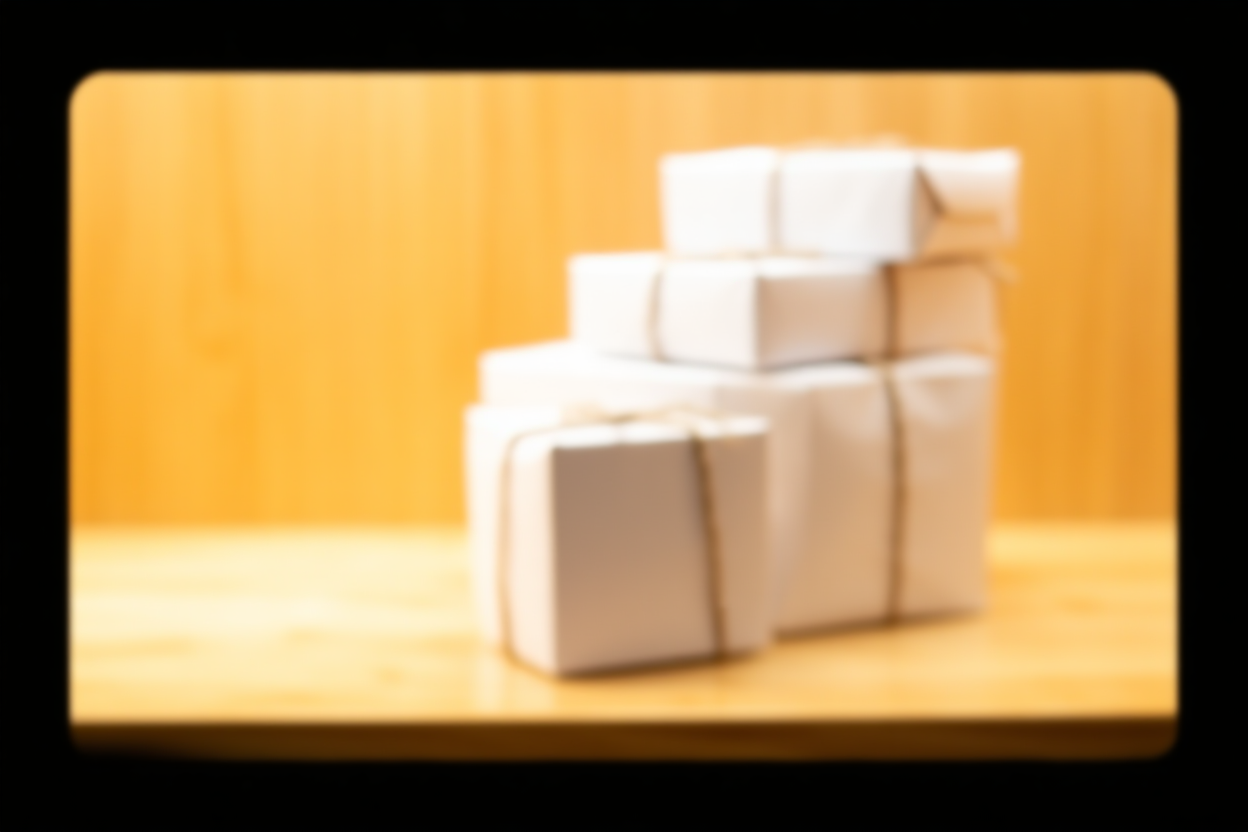 ein aufgeräumter Arbeitsplatz mit einem Holztisch, auf dem ein Stapel ordentlich angeordneter weißer Produktboxen zu sehen ist, die mit Schnur gebunden sind, weiches natürliches Licht,