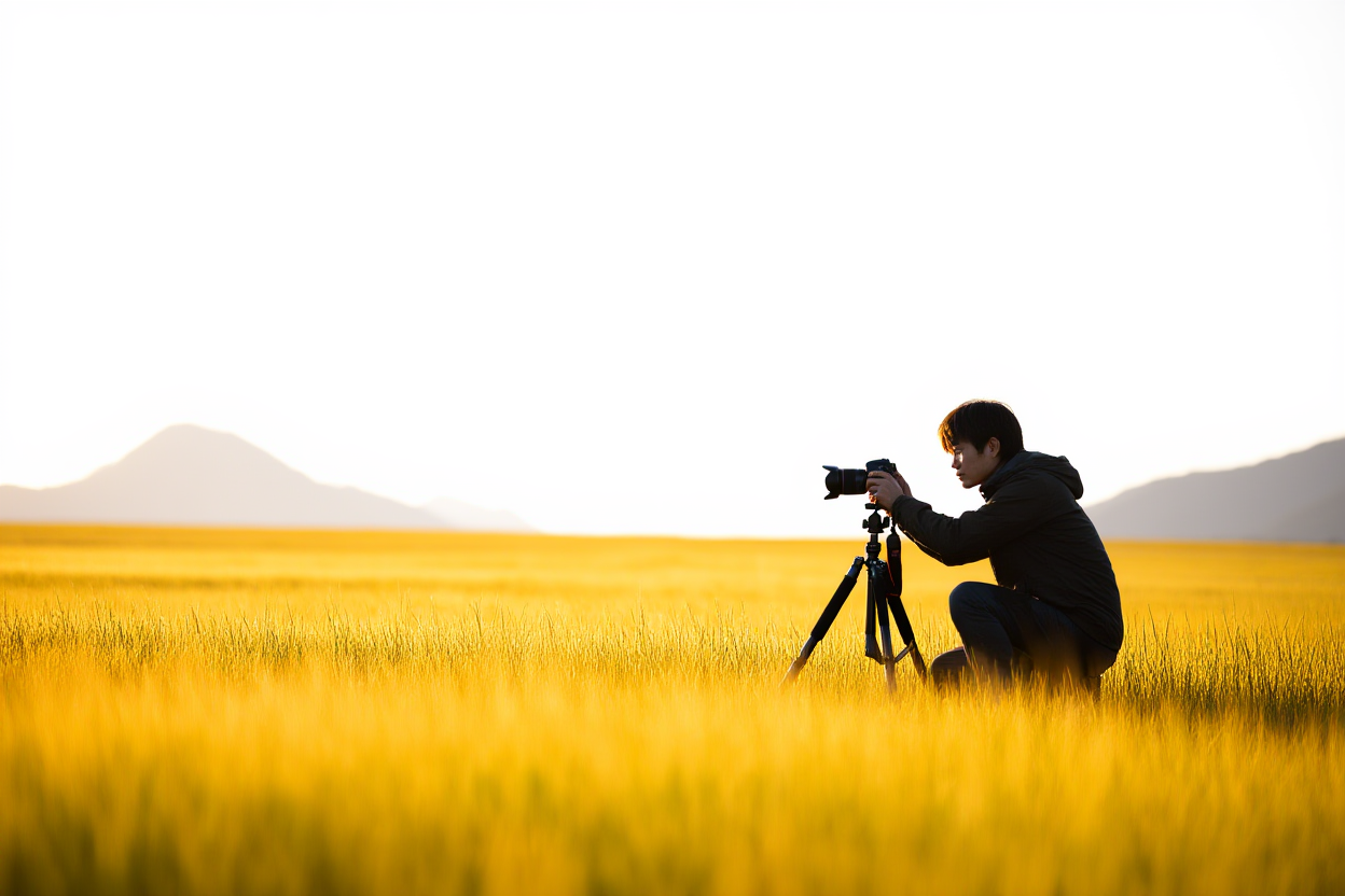 ein Fotograf kniet im hohen goldenen Gras bei Sonnenaufgang und passt eine DSLR auf einem Stativ an, entfernte Berge, warmes Gegenlicht,