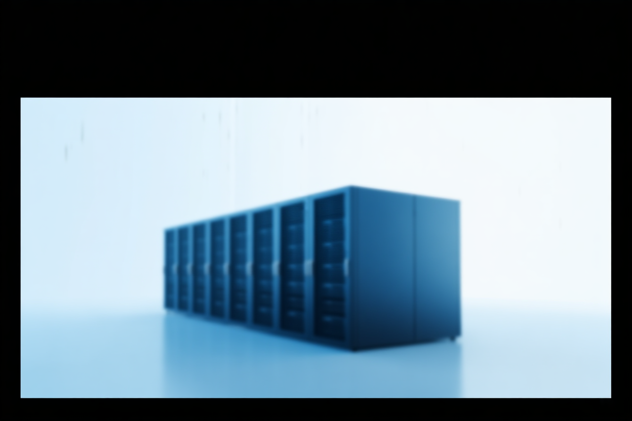 ein Stapel Server-Racks in einem Gang eines Rechenzentrums mit sanfter blauer Beleuchtung, breites Landschaftsfoto
