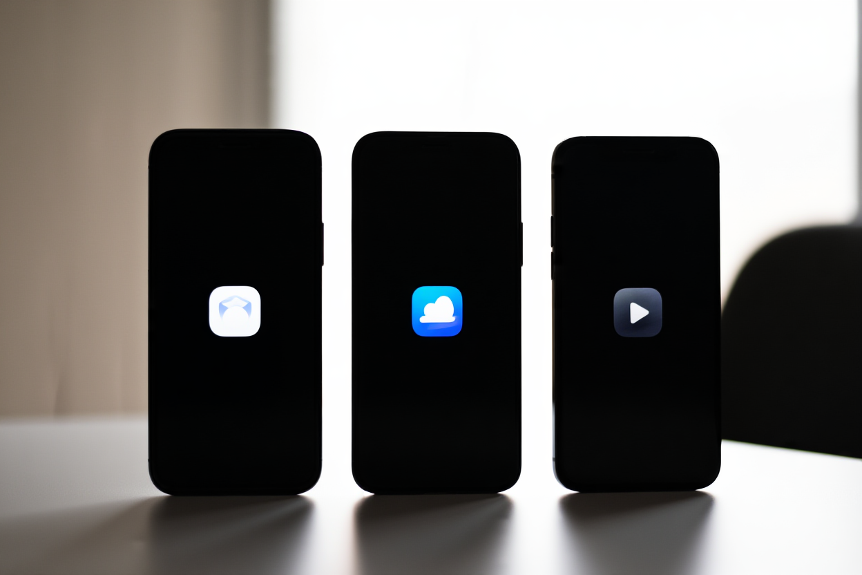 drei Smartphones, die verschiedene App-Symbole nebeneinander auf einem Tisch anzeigen, weicher neutraler Hintergrund, breites Landschaftsfoto