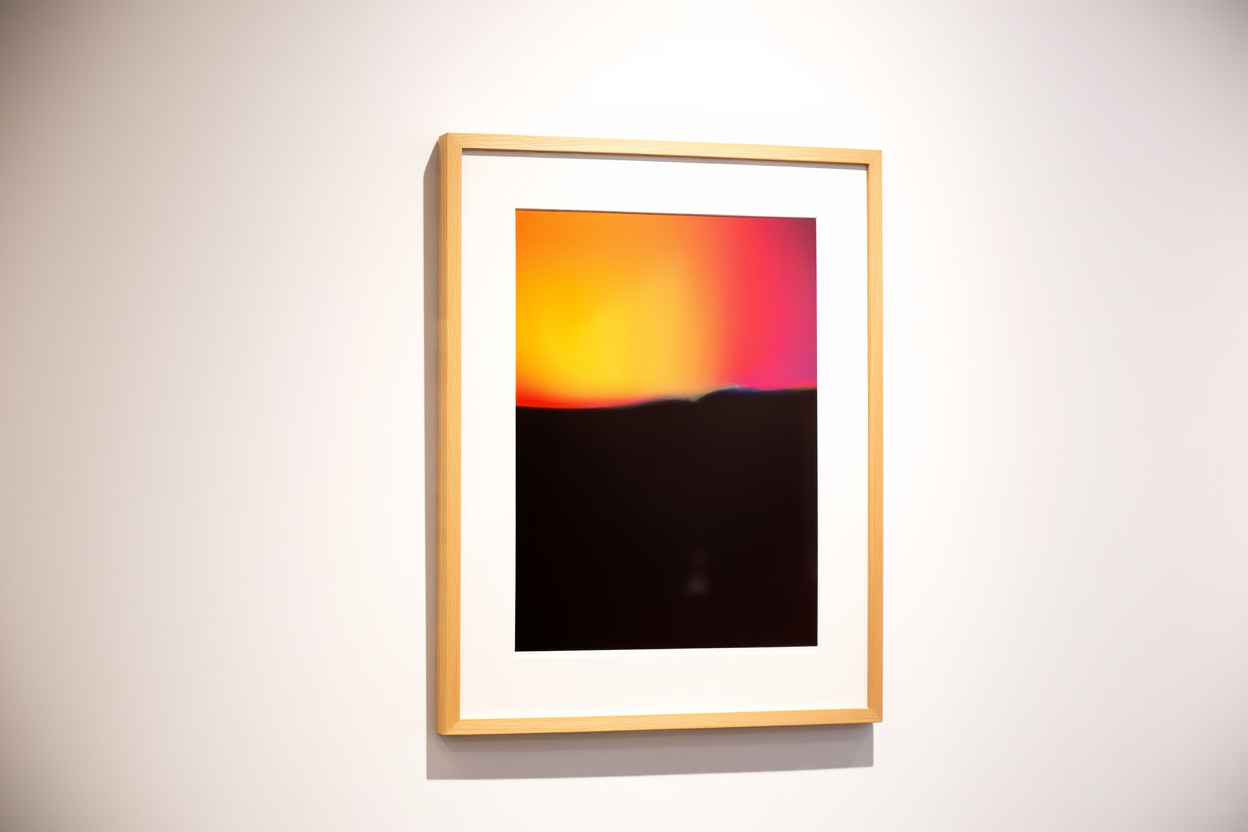 ein buntes abstraktes AI-Kunstwerk an einer weißen Wand neben einem einfachen Rahmen, sanfte Galeriebeleuchtung, breites Landschaftsfoto