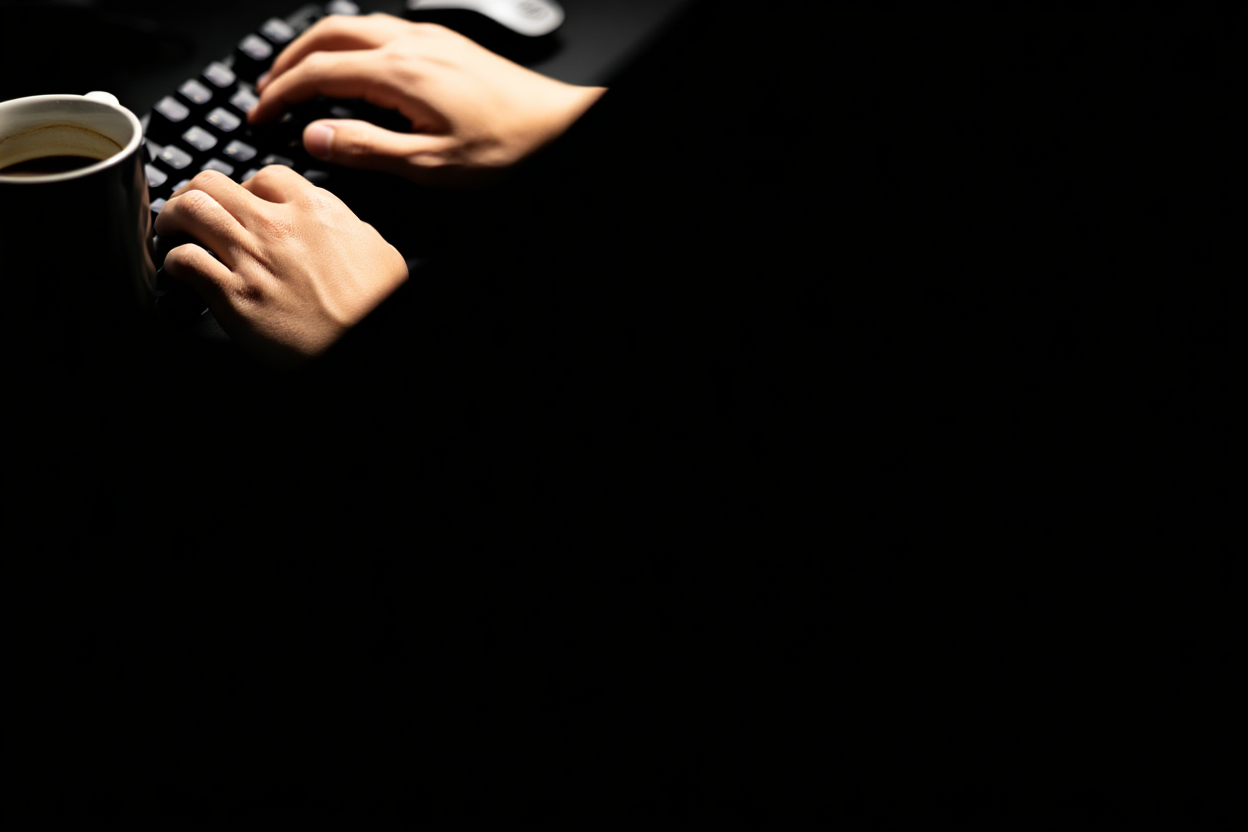 un primer plano de manos escribiendo en un teclado mecánico con una taza de café cerca, suave luz natural desde una ventana