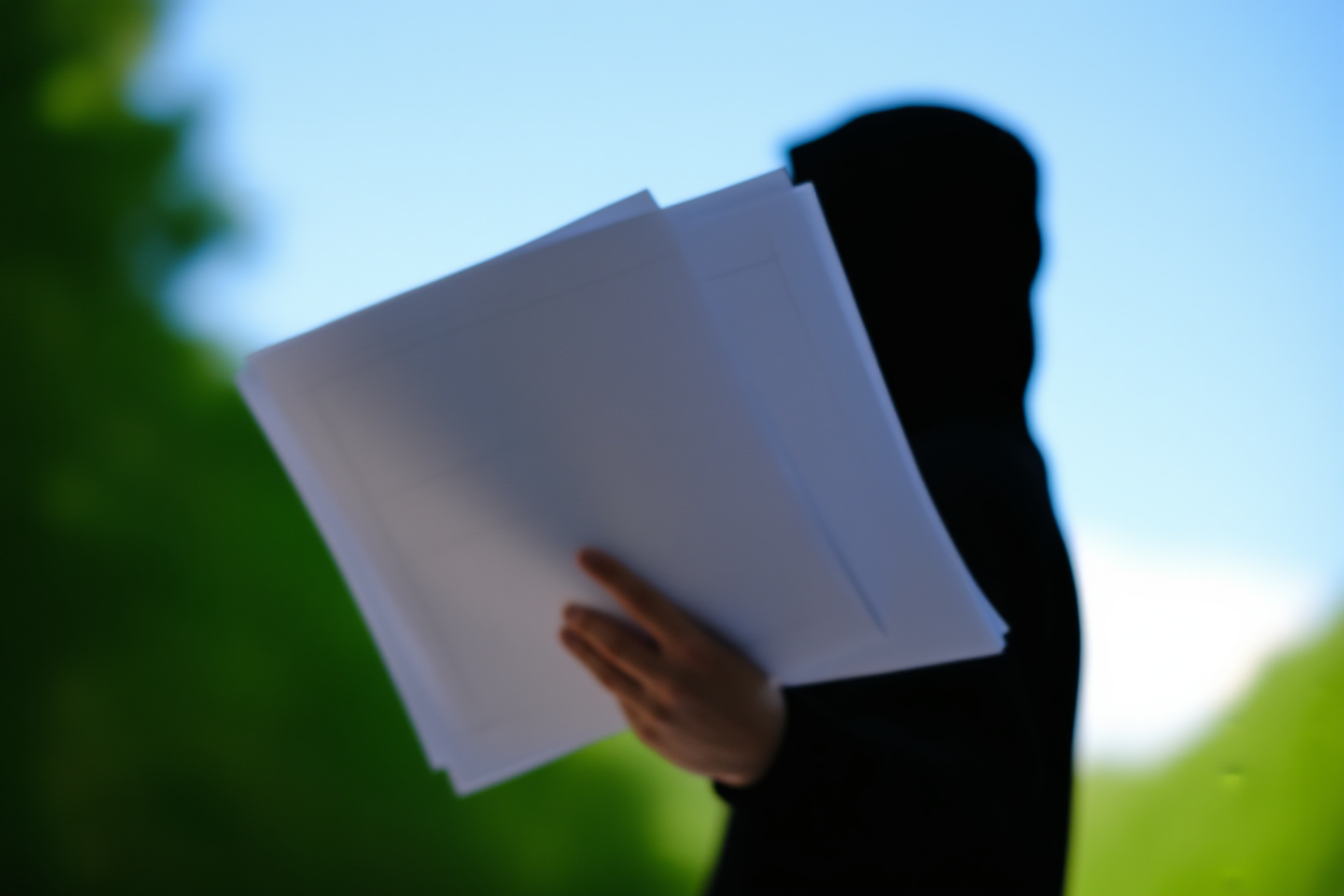 una persona sosteniendo una tableta al aire libre mostrando archivos de diseño con árboles verdes y cielo azul en el fondo