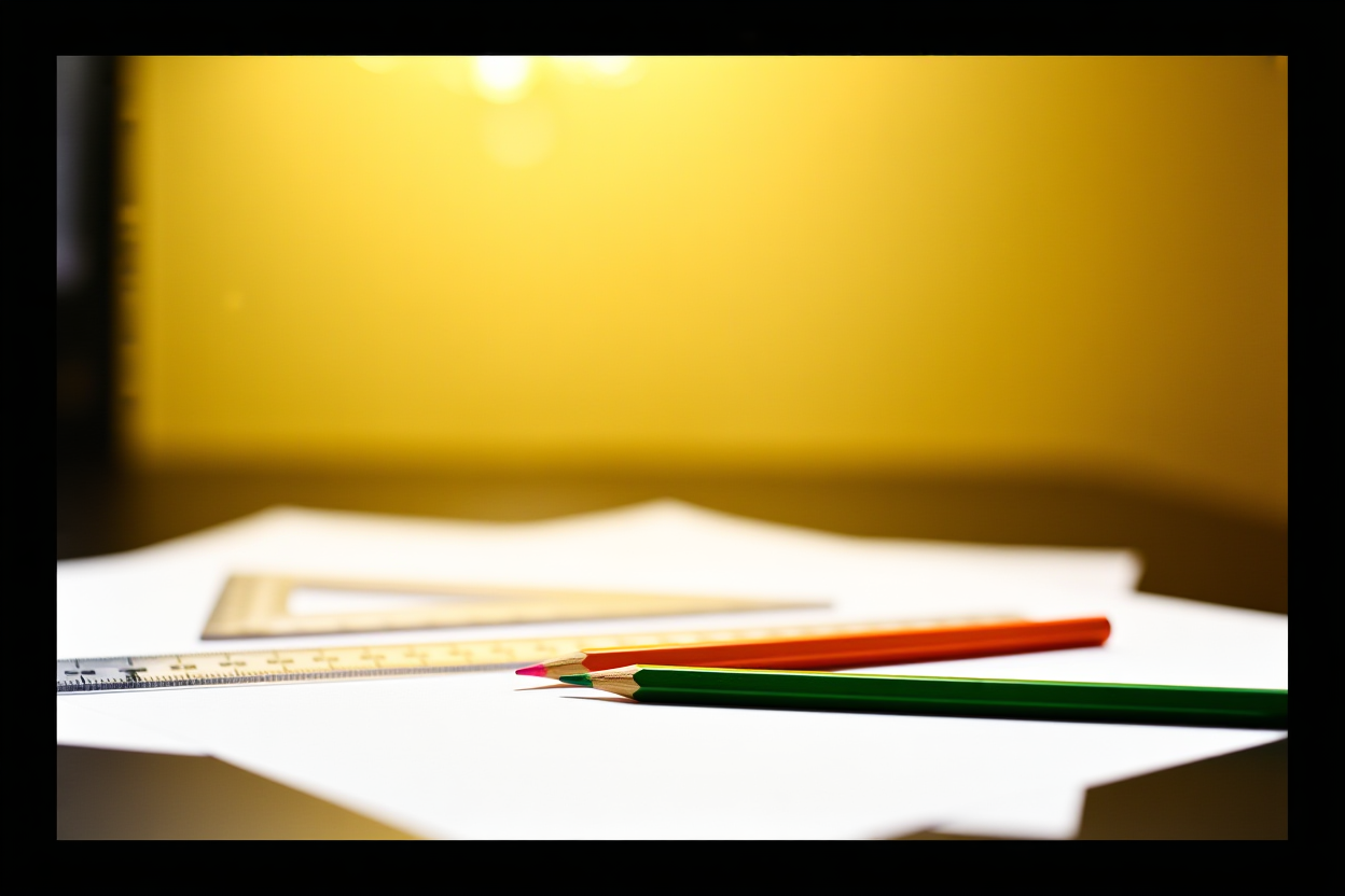 el escritorio de un diseñador con papeles dispersos, reglas y lápices de colores bajo suave luz de lámpara